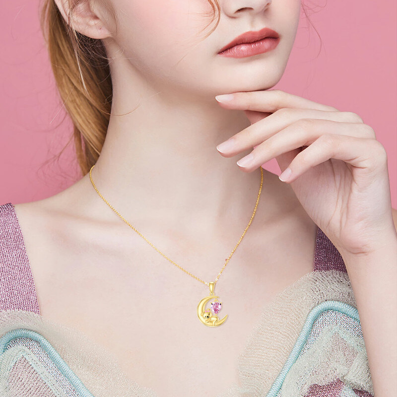 Collar con colgante de oso y luna de cristal tallado en forma de corazón en oro blanco de 10 quilates-2