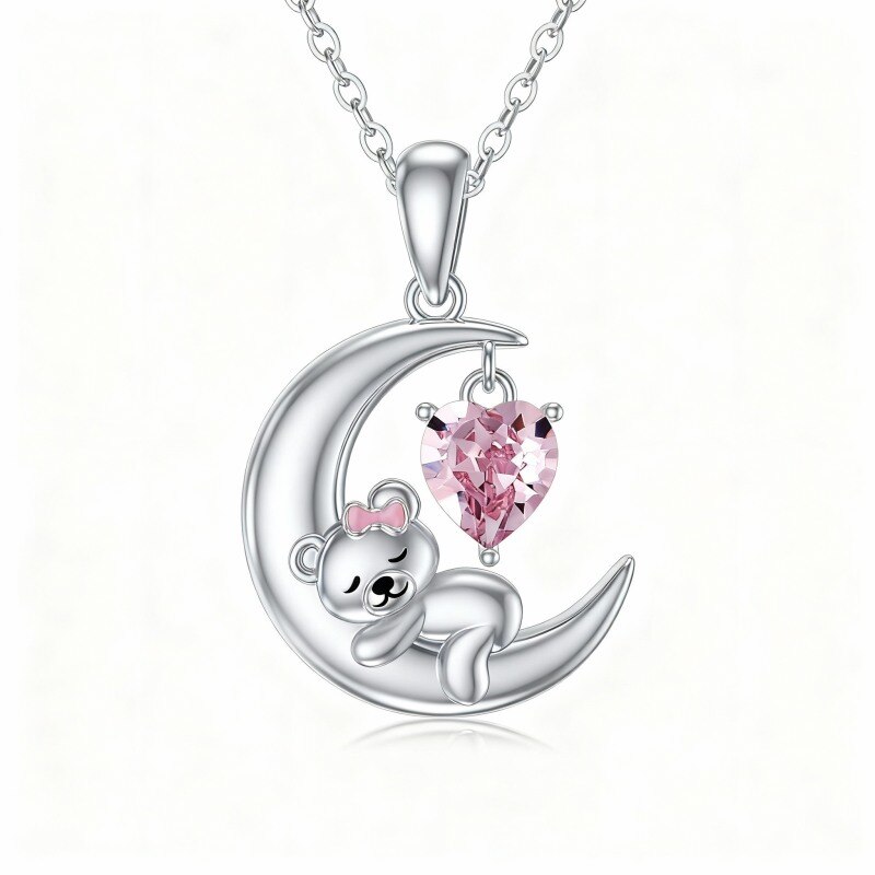 Collar con colgante de oso y luna de cristal tallado en forma de corazón en oro blanco de 10 quilates-1