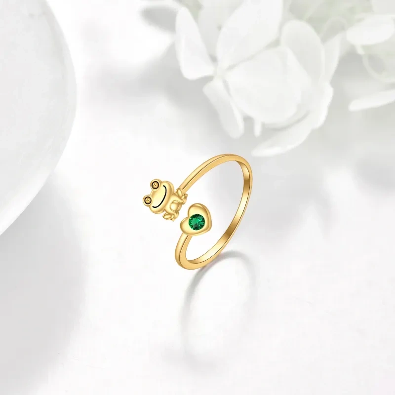 Anillo abierto de oro de 18 quilates con forma de corazón, cristal y rana para mujer-3