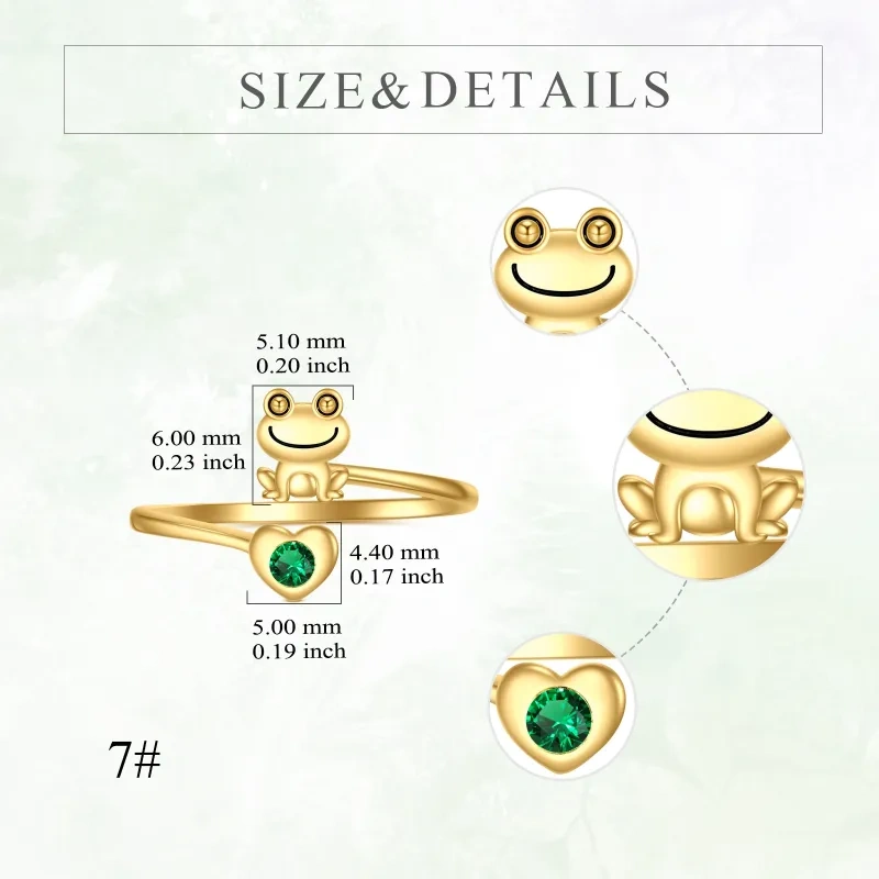 Anillo abierto de oro de 18 quilates con forma de corazón, cristal y rana para mujer-5
