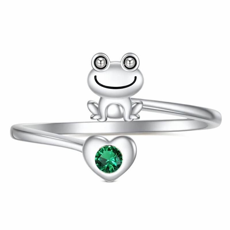 Bague ouverte en platine plaqué or blanc avec cristal en forme de cœur et grenouille-1