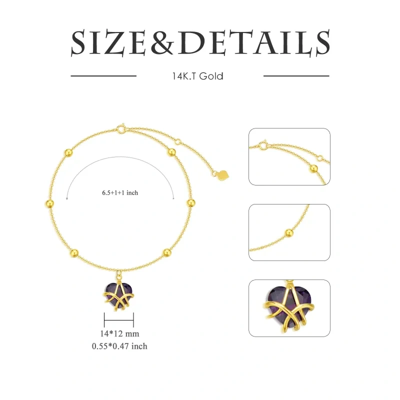 Bracelet à breloques en or 14 carats en forme de cœur et cristal pour femme-3