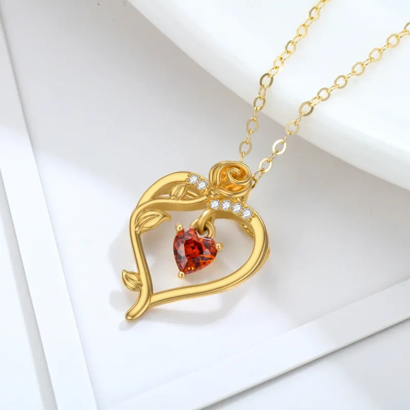 Colar com pendente coração em ouro 10K com cristal e rosa para mulher-3