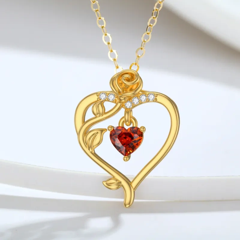 Colar com pendente coração em ouro 10K com cristal e rosa para mulher-4