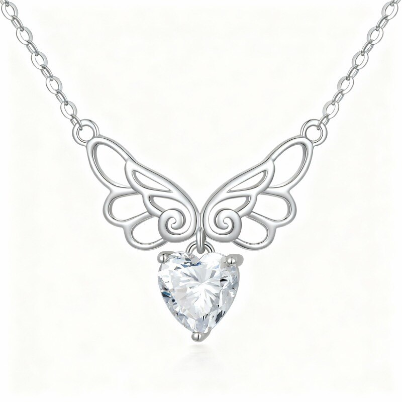 Collar con colgante de ala de ángel de circonita cúbica talla corazón chapado en oro blanco y platino-1