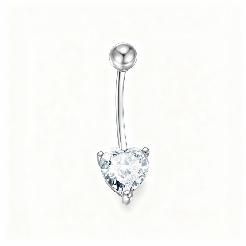 Piercing para el ombligo de platino con circonita cúbica talla corazón chapada en oro blanco-1