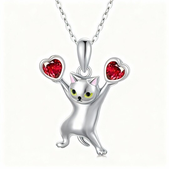 Collar con colgante de gato de circonita cúbica talla corazón en oro blanco de 10 quilates