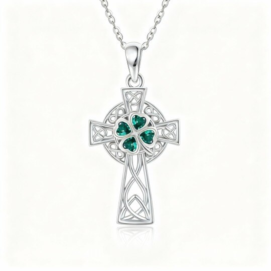 10K White Gold Heart Cut Cubic Zirconia Celtic Knot & Cross Pendant Necklace