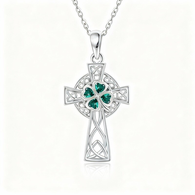 Collier pendentif en or blanc 14 carats avec zircon cubique en forme de cœur, nœud celtique et croix-1
