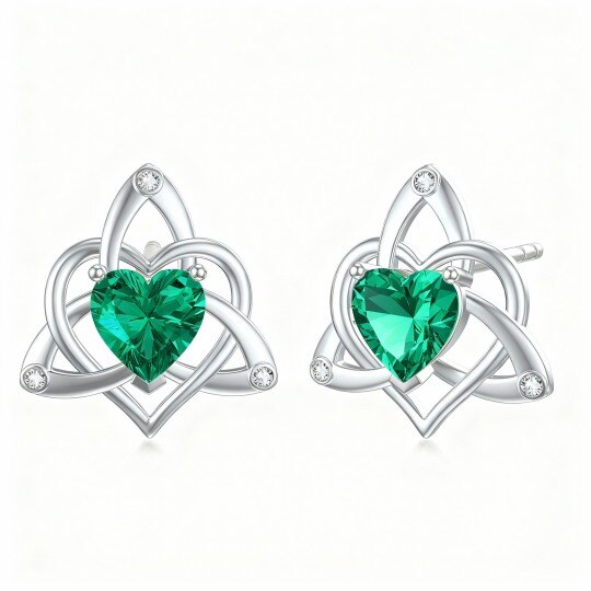 Boucles d'oreilles puces en or blanc 10 carats avec zircon cubique en forme de cœur et nœud celtique