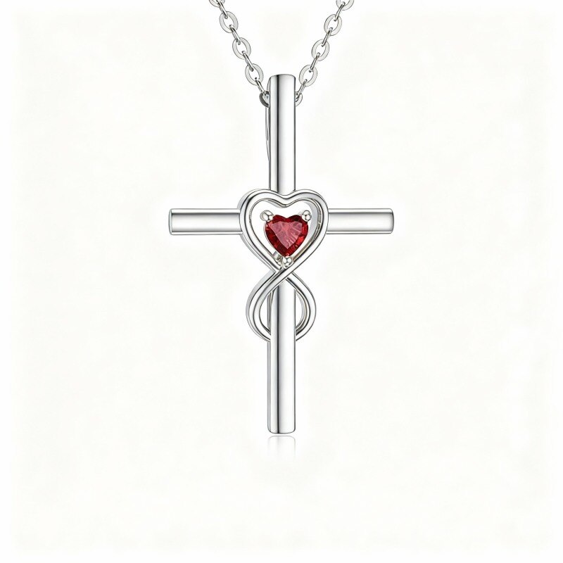 Collar con colgante de cruz y corazón con circonitas cúbicas talla corazón en oro blanco de 9 quilates-10