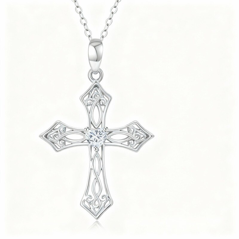 Collier pendentif croix en platine plaqué or blanc avec zircon cubique taille cœur-1