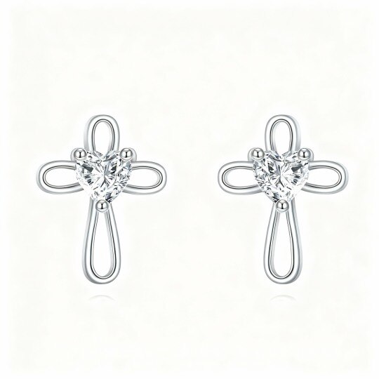 Boucles d'oreilles puces en or blanc 10 carats avec zircon cubique en forme de cœur et croix