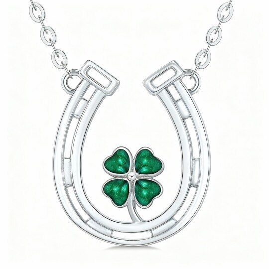 Collar con colgante de trébol de cuatro hojas y herradura en oro blanco de 10 quilates con circonita cúbica talla corazón