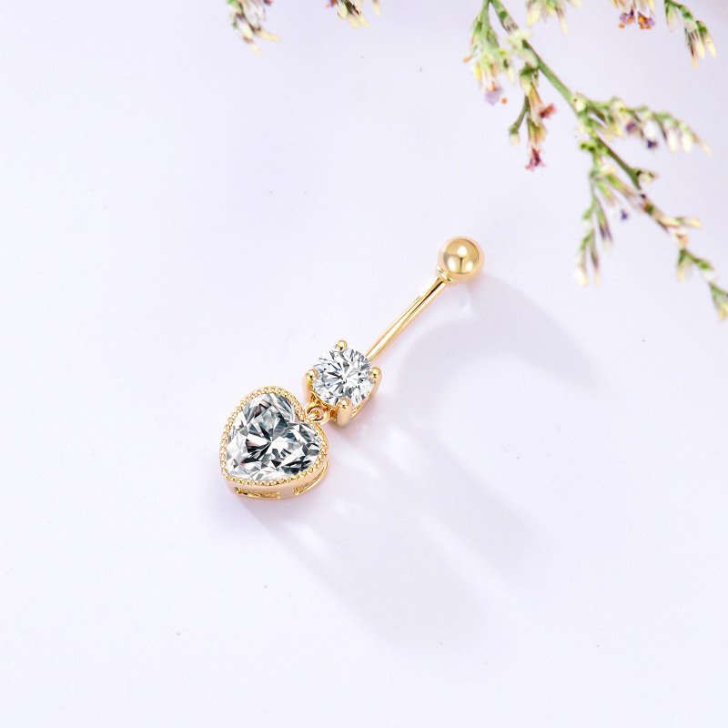 Anneau de nombril pendant en or jaune 10 carats avec pendentif cœur et zircon cubique pour femme-3