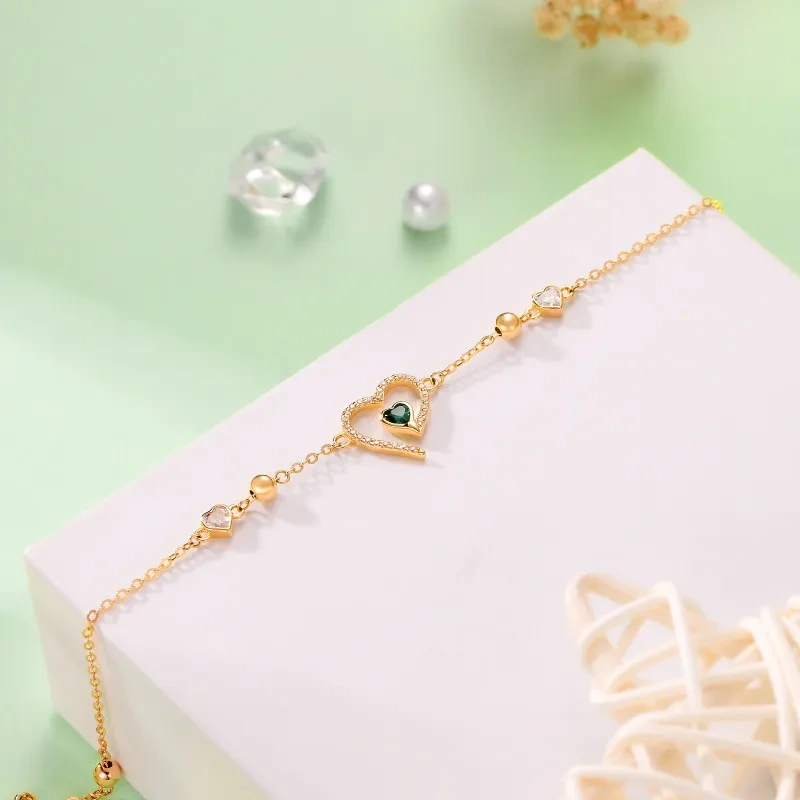 Pulsera de oro amarillo de 10 quilates con dije de corazón de esmeralda y circonita cúbica para mujer-3