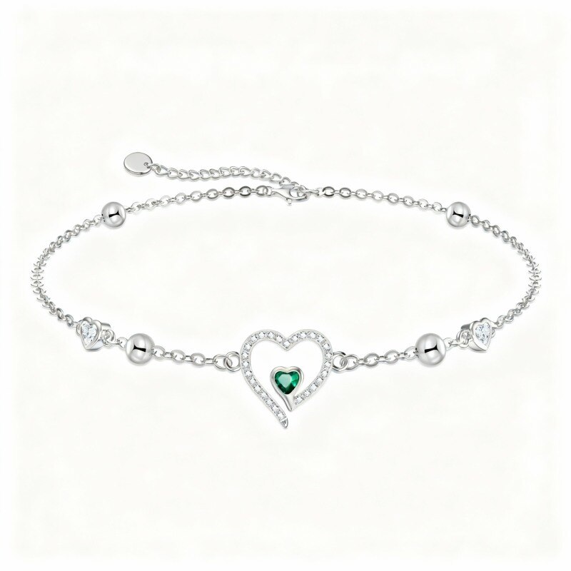 Bracelet à breloques en or blanc 14 carats avec zircon cubique en forme de cœur-1