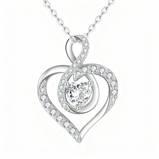 Collier pendentif en or blanc 10 carats avec zircon cubique en forme de cœur et symbole de l'infini
