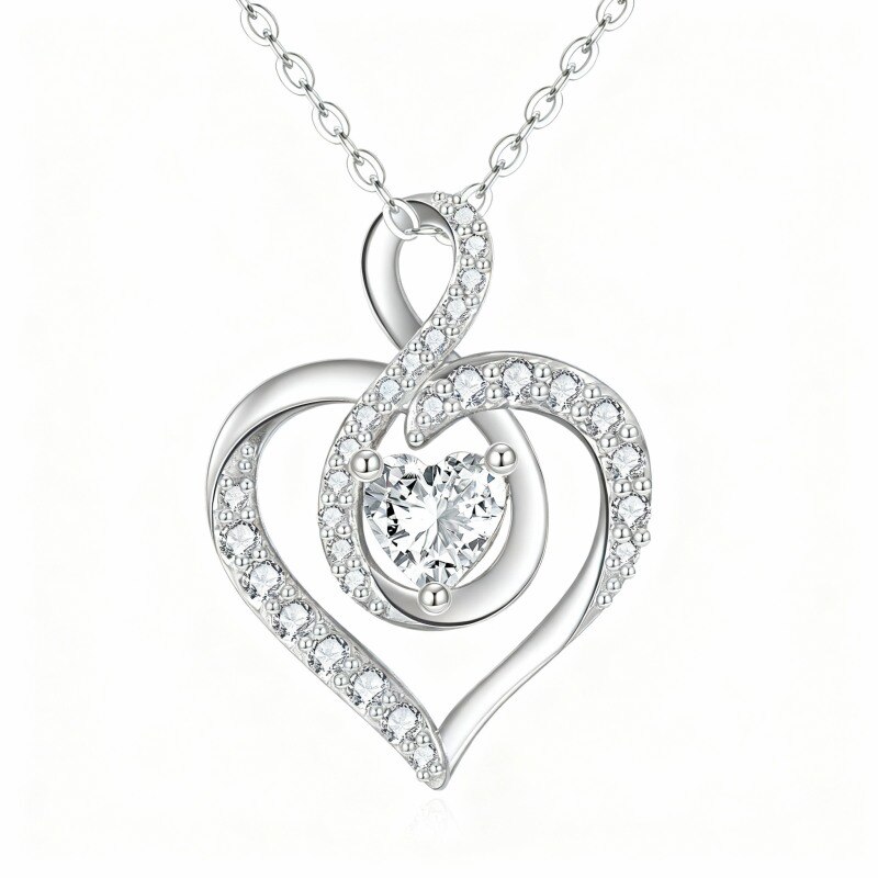 Platinum with White Gold Plated Heart Cut Cubic Zirconia Heart & Infinity Symbol Pendant Necklace-1
