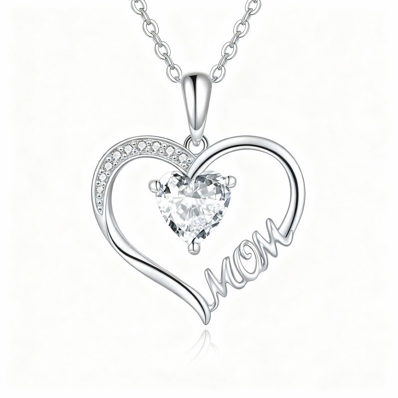 Collar con colgante de corazón de circonita cúbica tallada en oro blanco de 18 quilates con palabra grabada-1