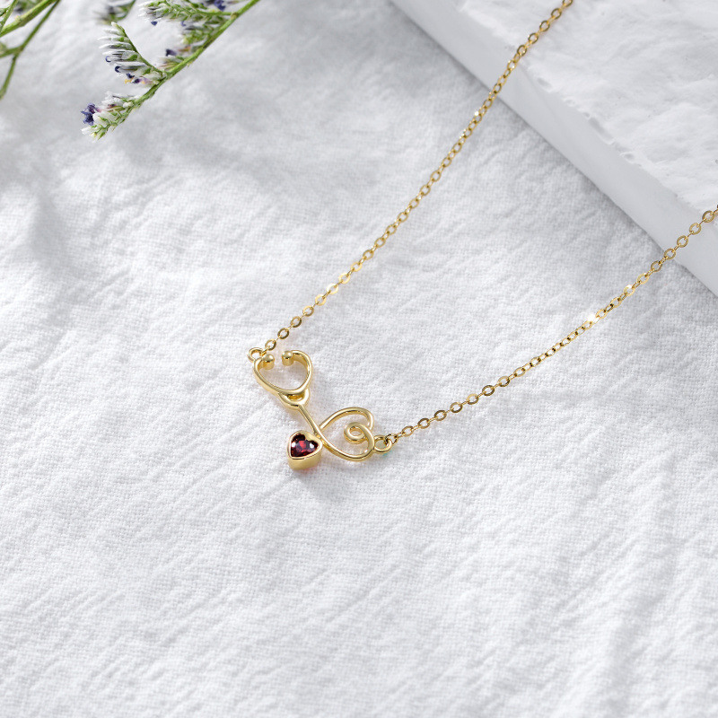 10K Gold Heart Cubic Zirconia Heart Stethoscope Pendant Necklace For Women-5
