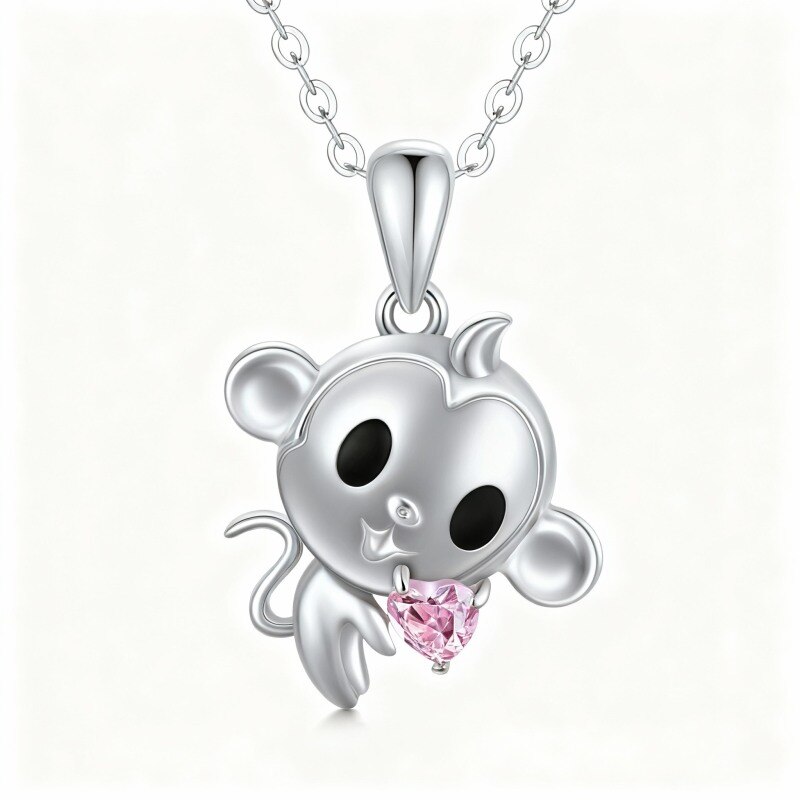 14K White Gold Heart Cut Cubic Zirconia Monkey Pendant Necklace-1
