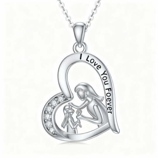 Collar con colgante de corazón de oro blanco de 10 quilates con circonitas cúbicas, ideal para representar a una madre y a su hija.
