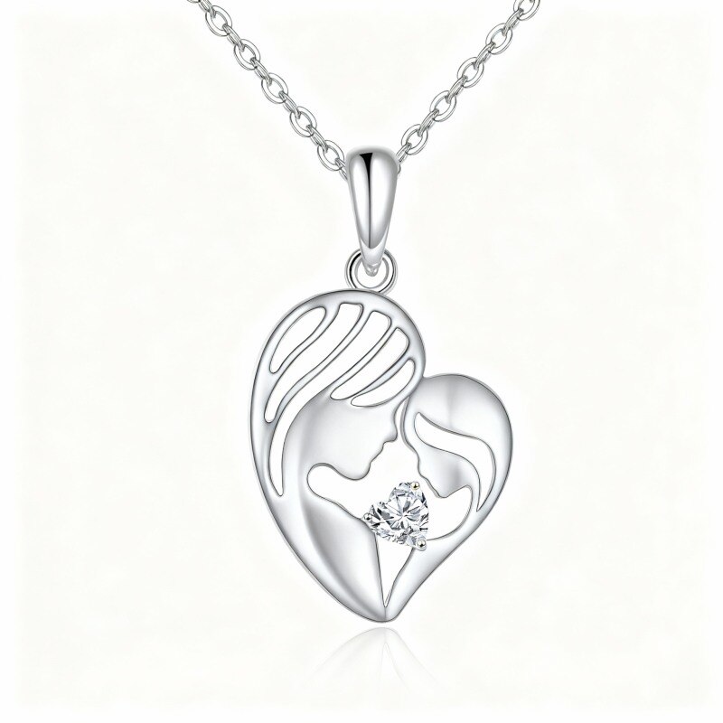 Collar con colgante de madre e hija en oro blanco de 18 quilates con circonita cúbica talla corazón-1