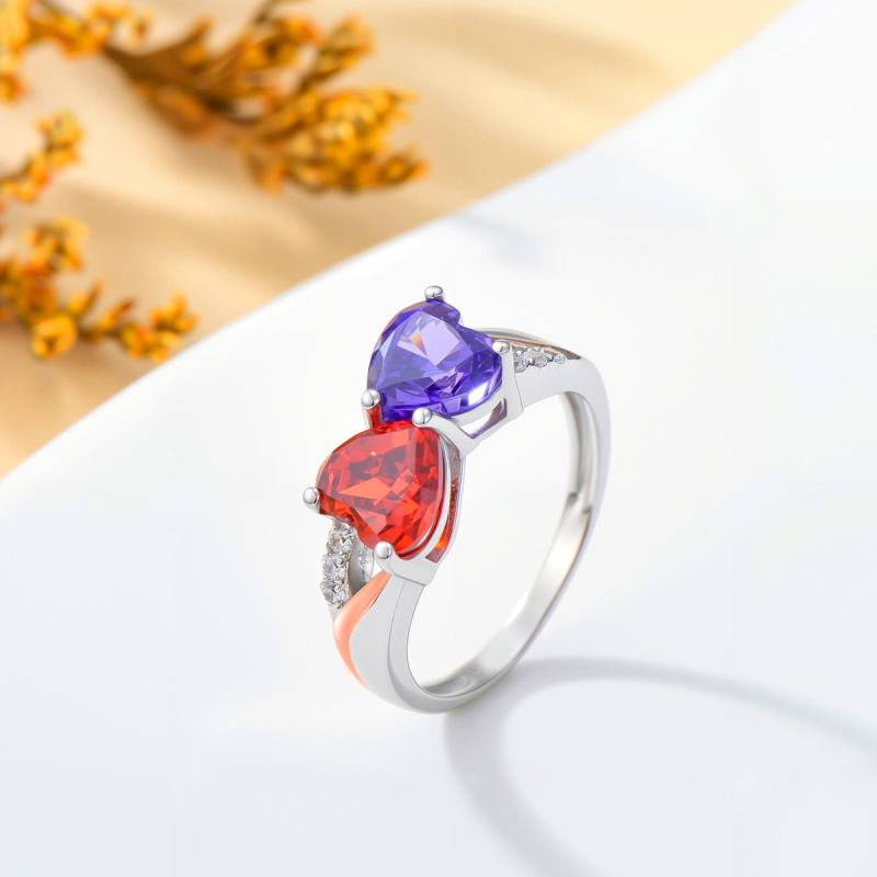 Bague personnalisée en or blanc 14 carats avec zircon cubique en forme de cœur et pierre de naissance-2
