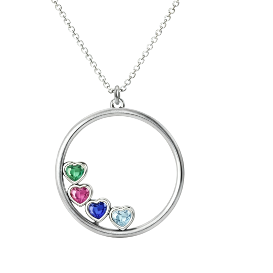 Personalisierte Halskette aus 10-karätigem Weißgold mit herzförmigem Zirkonia-Anhänger und Geburtsstein sowie Kreisanhänger.