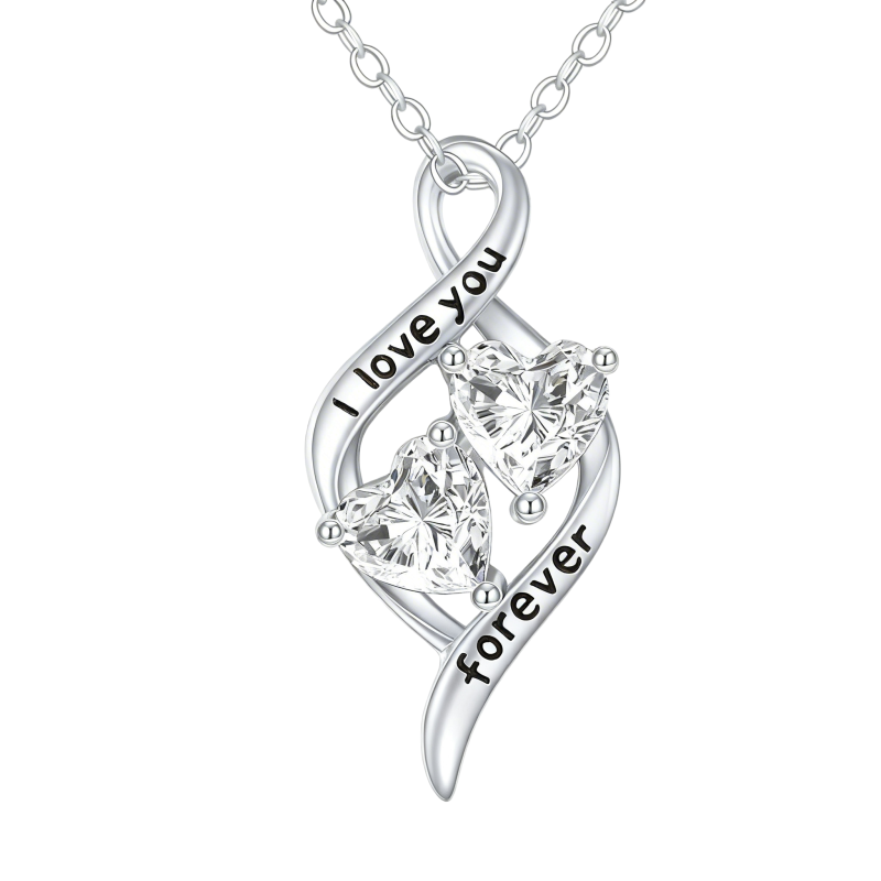 Collier pendentif en or blanc 10 carats avec zircon cubique taille cœur, pierre de naissance personnalisée, symbole cœur et infini, et inscription gravée.-1