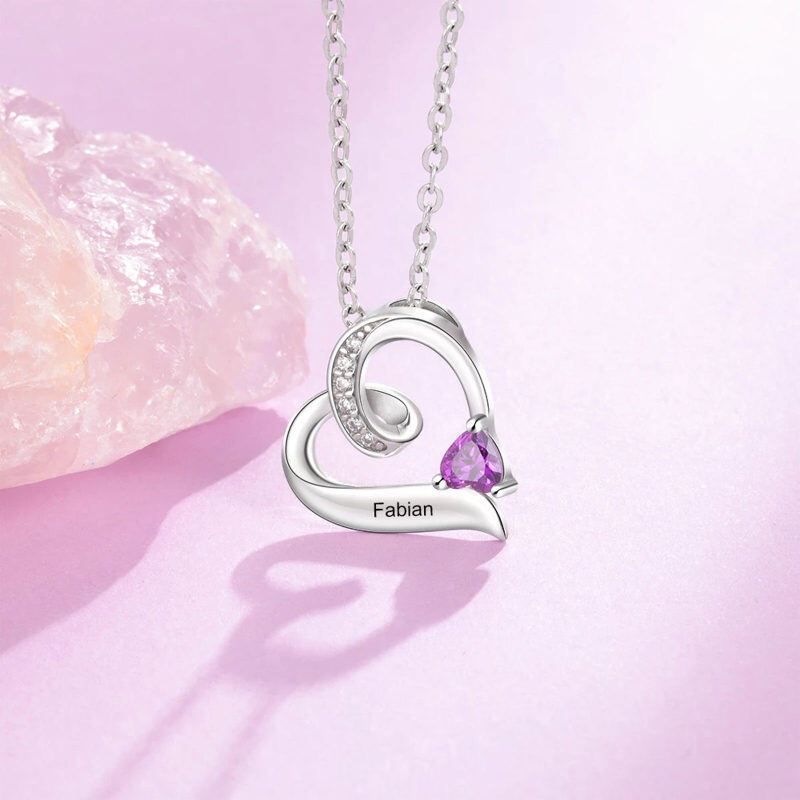 14K Gold Heart Cubic Zirconia Personalised Birthstone Pendant Necklace For Women-3