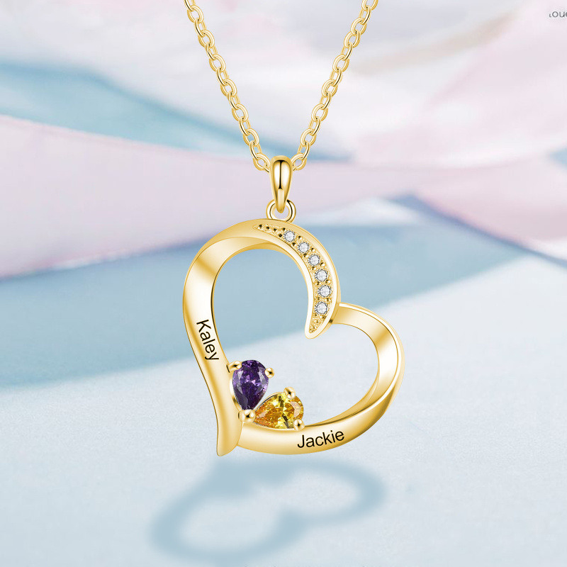 Collar con colgante de corazón personalizado con piedra natal y circonita cúbica en oro de 18 quilates para mujer-3