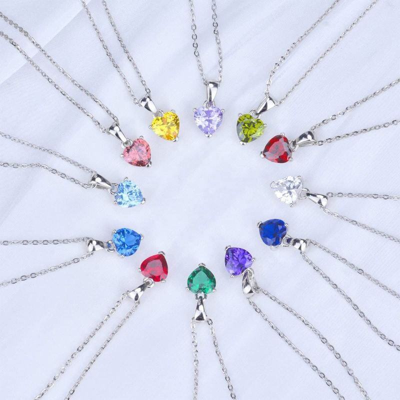 Collier pendentif personnalisé en or blanc 14 carats en forme de cœur avec zircon cubique et pierre de naissance-3