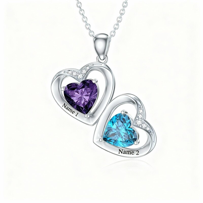 Collier pendentif personnalisé en platine plaqué or blanc avec zircon cubique en forme de cœur, pierre de naissance et prénom classique personnalisés.-1