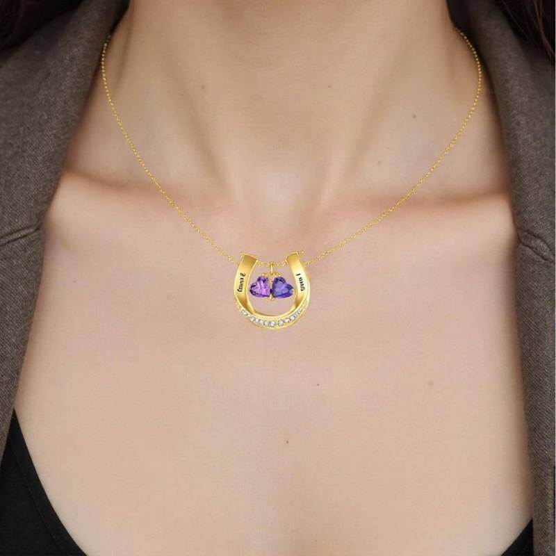 Halskette aus 10-karätigem Gold mit herzförmigem Zirkonia-Anhänger, personalisiertem Geburtsstein, klassischem Namen und Hufeisenanhänger-2