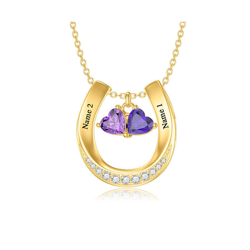 Halskette aus 10-karätigem Gold mit herzförmigem Zirkonia-Anhänger, personalisiertem Geburtsstein, klassischem Namen und Hufeisenanhänger-3