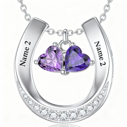 Collar con colgante de herradura y nombre clásico personalizado en oro blanco de 10 quilates con circonita cúbica talla corazón y piedra natal.