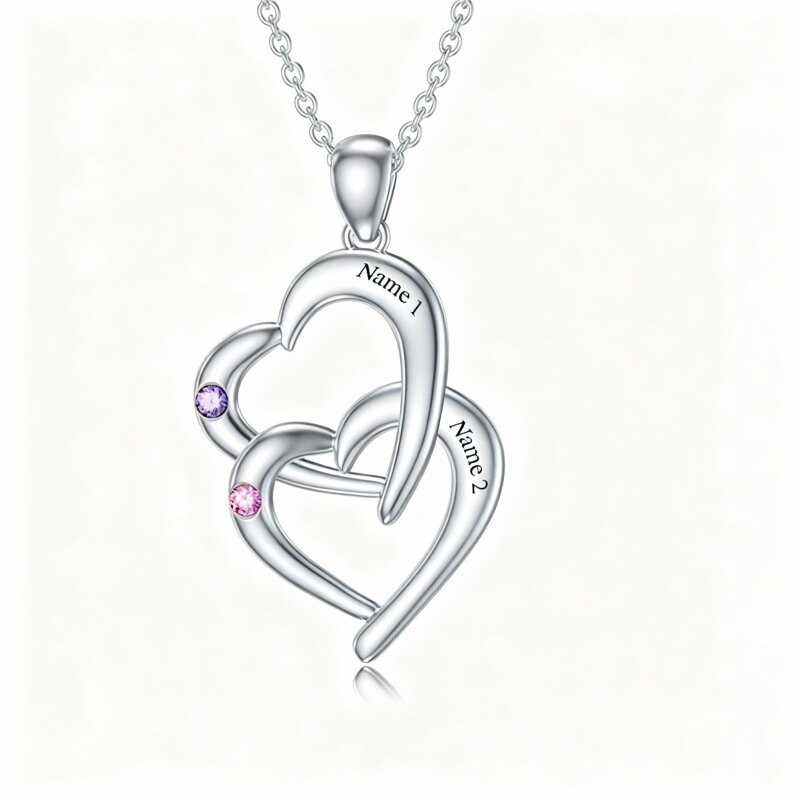 Collier pendentif cœur en platine plaqué or blanc avec zircon cubique taille cœur, pierre de naissance personnalisée et gravure personnalisée-1