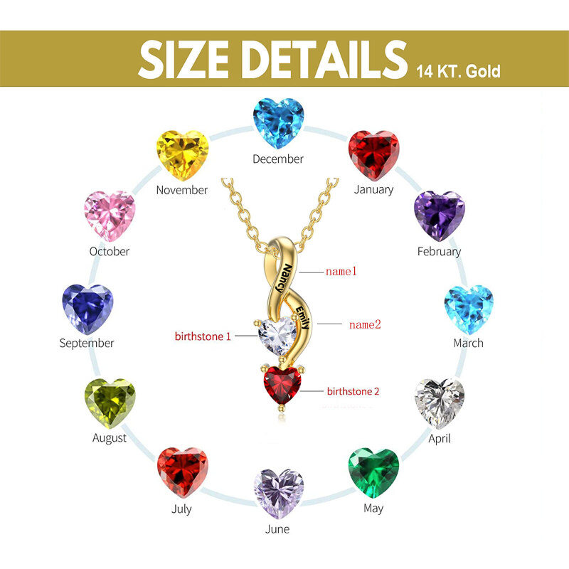 Collier pendentif en argent sterling plaqué or avec zircon cubique en forme de cœur, pierre de naissance personnalisée, gravure personnalisée et symbole de l'infini-7