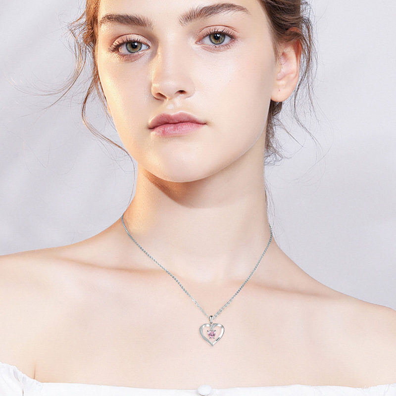 14K White Gold Heart Cut Personalized Birthstone Engraving & Mother Pendant Necklace-2