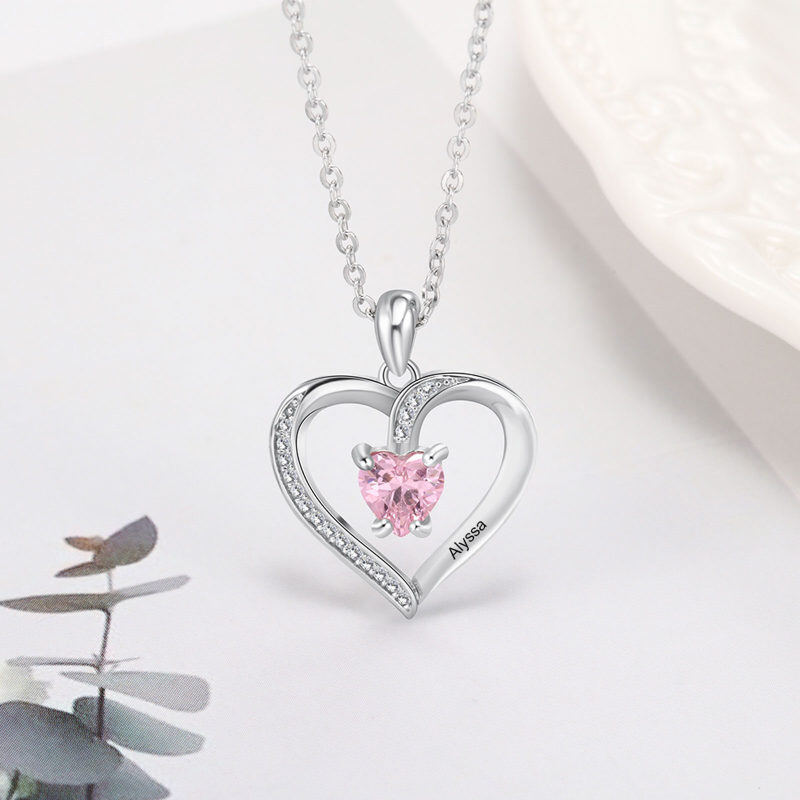 14K White Gold Heart Cut Personalized Birthstone Engraving & Mother Pendant Necklace-4
