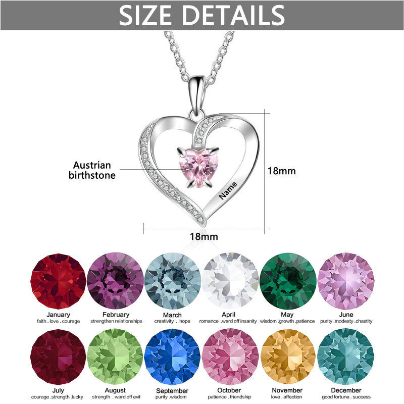 14K White Gold Heart Cut Personalized Birthstone Engraving & Mother Pendant Necklace-5