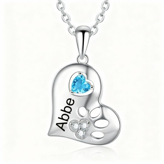 10K White Gold Heart Cut Cubic Zirconia & Personalized Birthstone & Personalized Engraving Paw & Heart Pendant Necklace