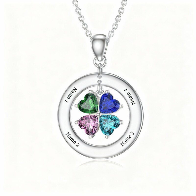 Collier pendentif en or blanc 14 carats avec zircon cubique en forme de cœur, pierre de naissance personnalisée et gravure personnalisée-1