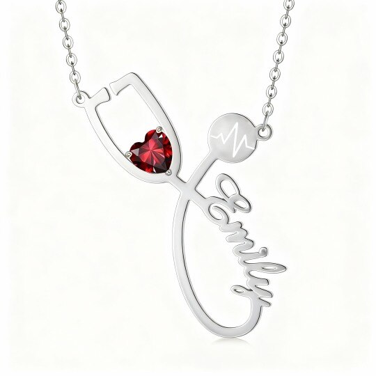 Collier pendentif en or blanc 10 carats avec zircon cubique en forme de cœur, personnalisé avec nom, électrocardiogramme et stéthoscope.