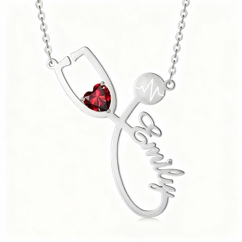 Collier pendentif en or blanc 14 carats avec zircon cubique en forme de cœur, personnalisé avec nom classique, électrocardiogramme et stéthoscope-1