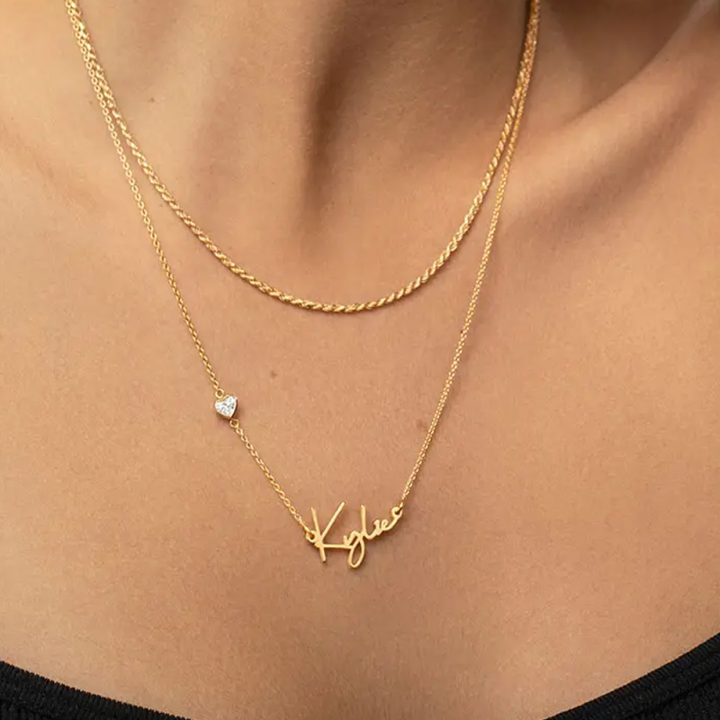 14K Gold Heart Cubic Zirconia Personalized Name Necklace for Women-2