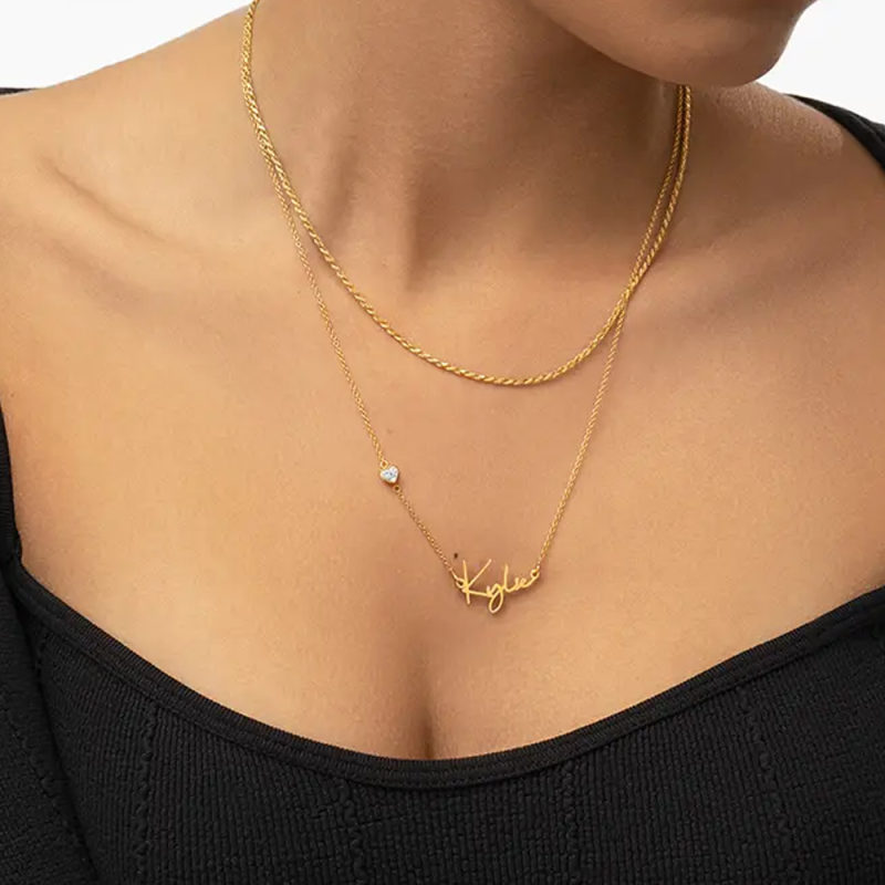 14K Gold Heart Cubic Zirconia Personalized Name Necklace for Women-3