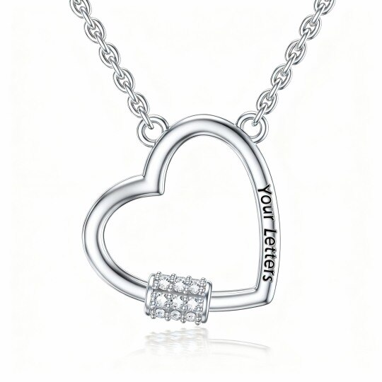 10K White Gold Heart Cut Cubic Zirconia Personalized Engraving & Heart Pendant Necklace